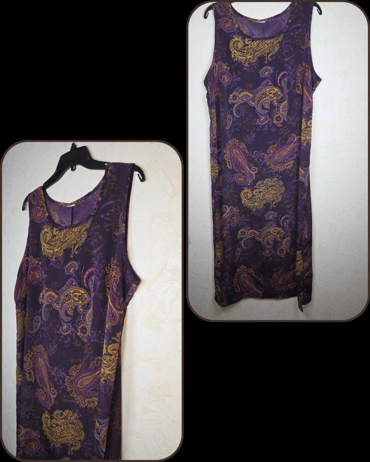 Vtg 90s Purple & Gold Paisley Midi Dress Sleeveless Grunge Whimsigoth Size XL