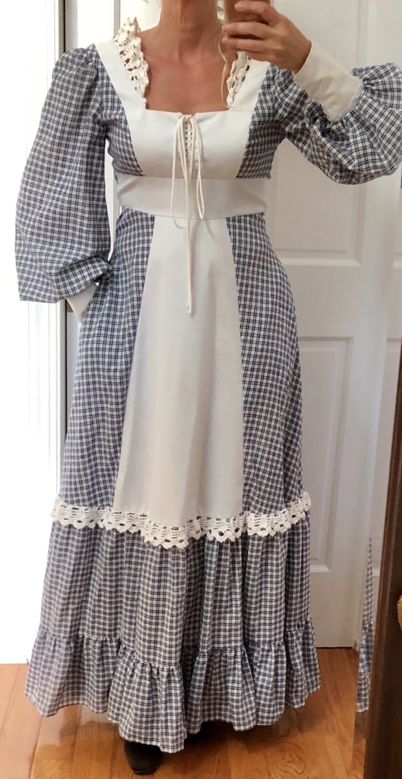 VTG 1970s GUNNE SAX Renaissance Revival GINGHAM JULIET MAXI-DRESS Lace-Up Bodice