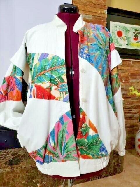 VTG Judith Ann Creation Sequin Beaded White Leather Jacket US L 10-2 Linen 90s