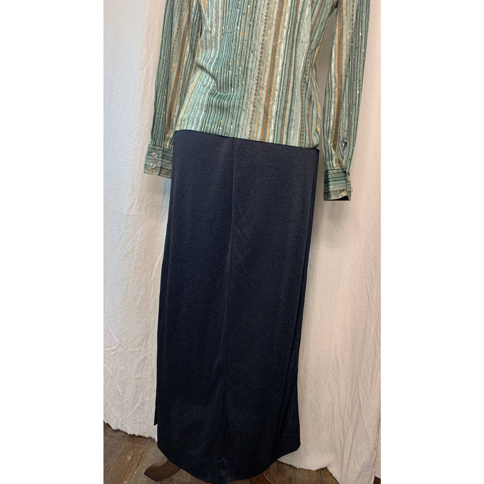 1970s Devon Retro Disco Earth Tones Stripe Dagger Collar Shirt Maxi Skirt Set M