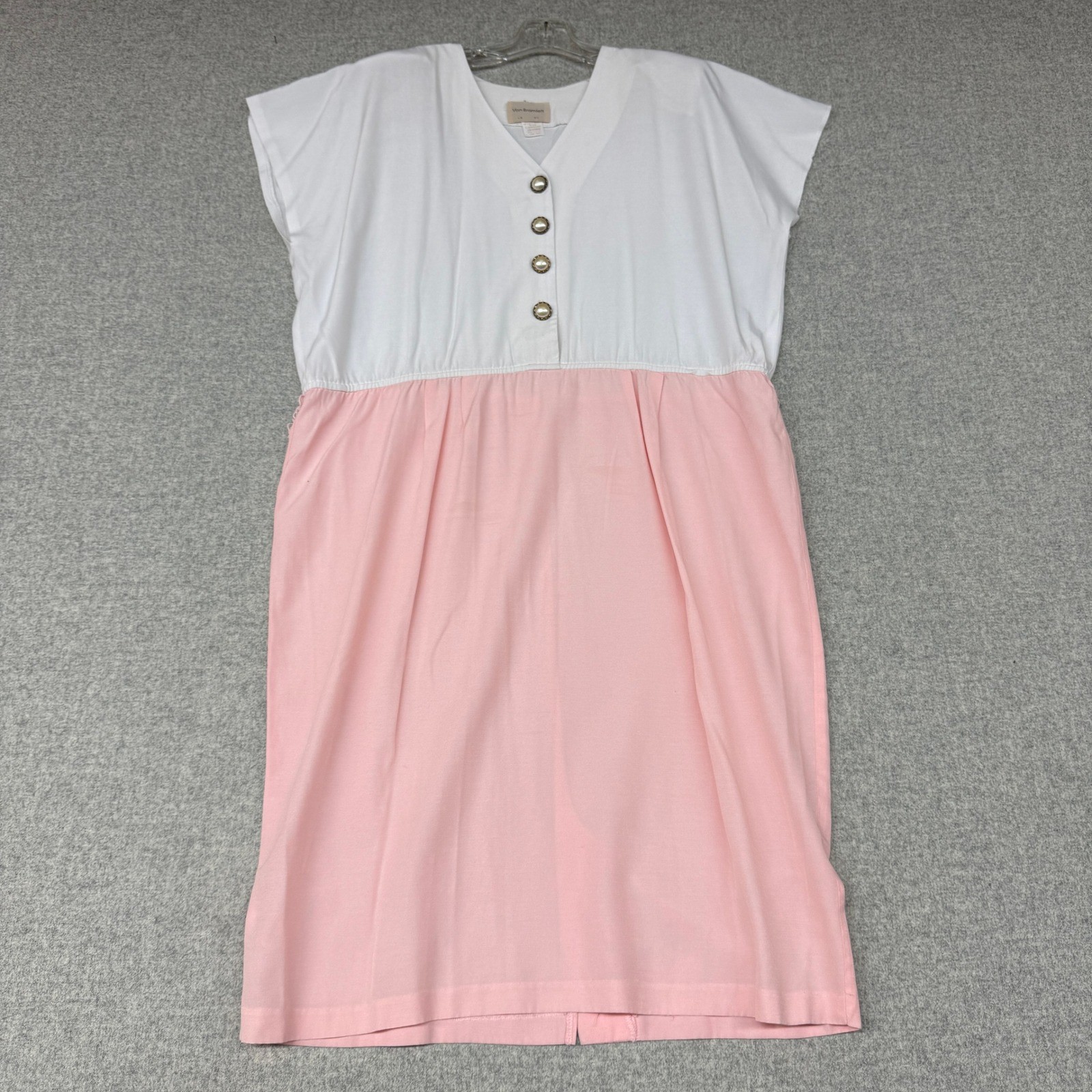 Von Bramlett Vintage Dress Size 16 Average White Peach Pink Pearl Button Midi US