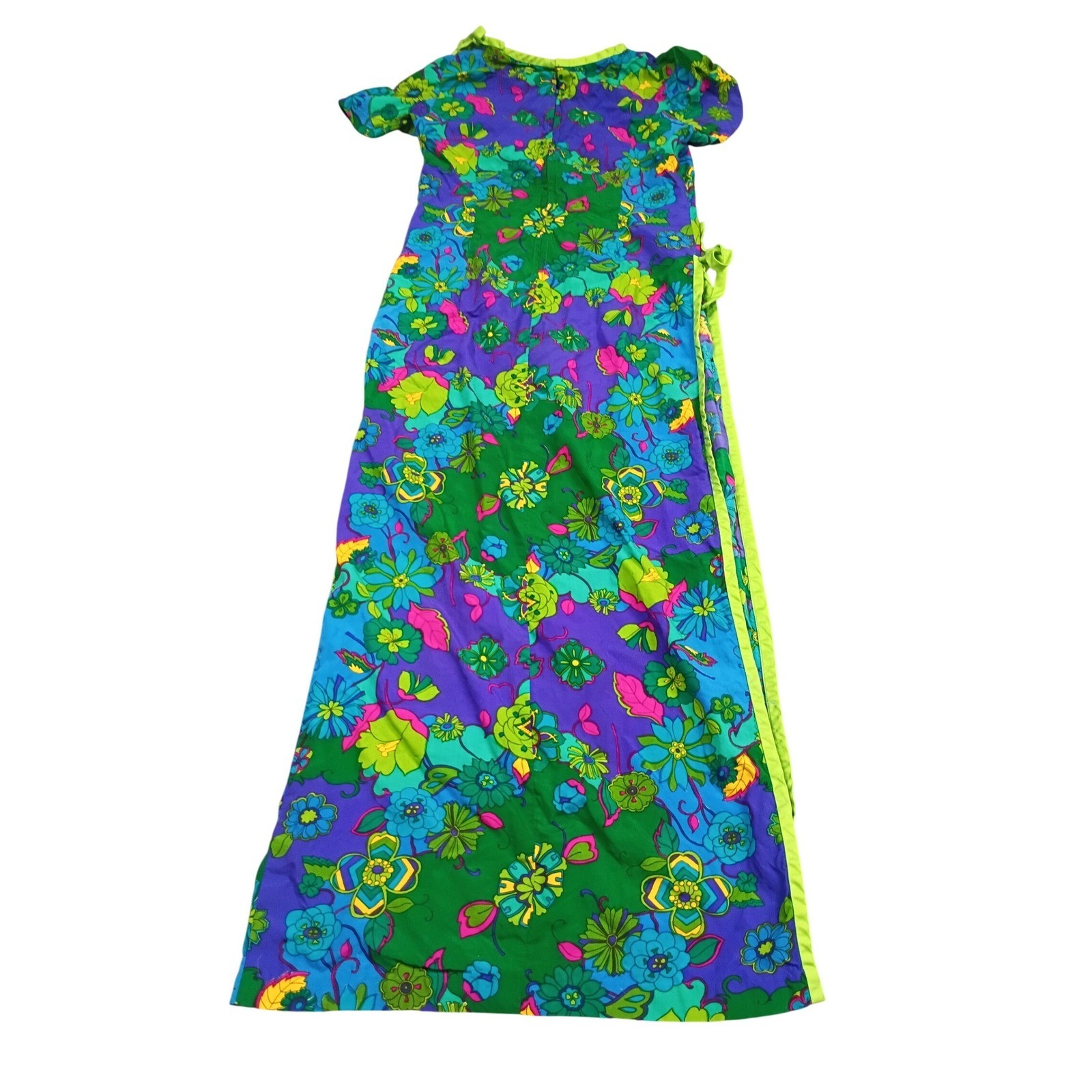 Vintage Made in Hawaii Maxi Dress 10 Green Blue Psychedelic Floral 70s Wrap