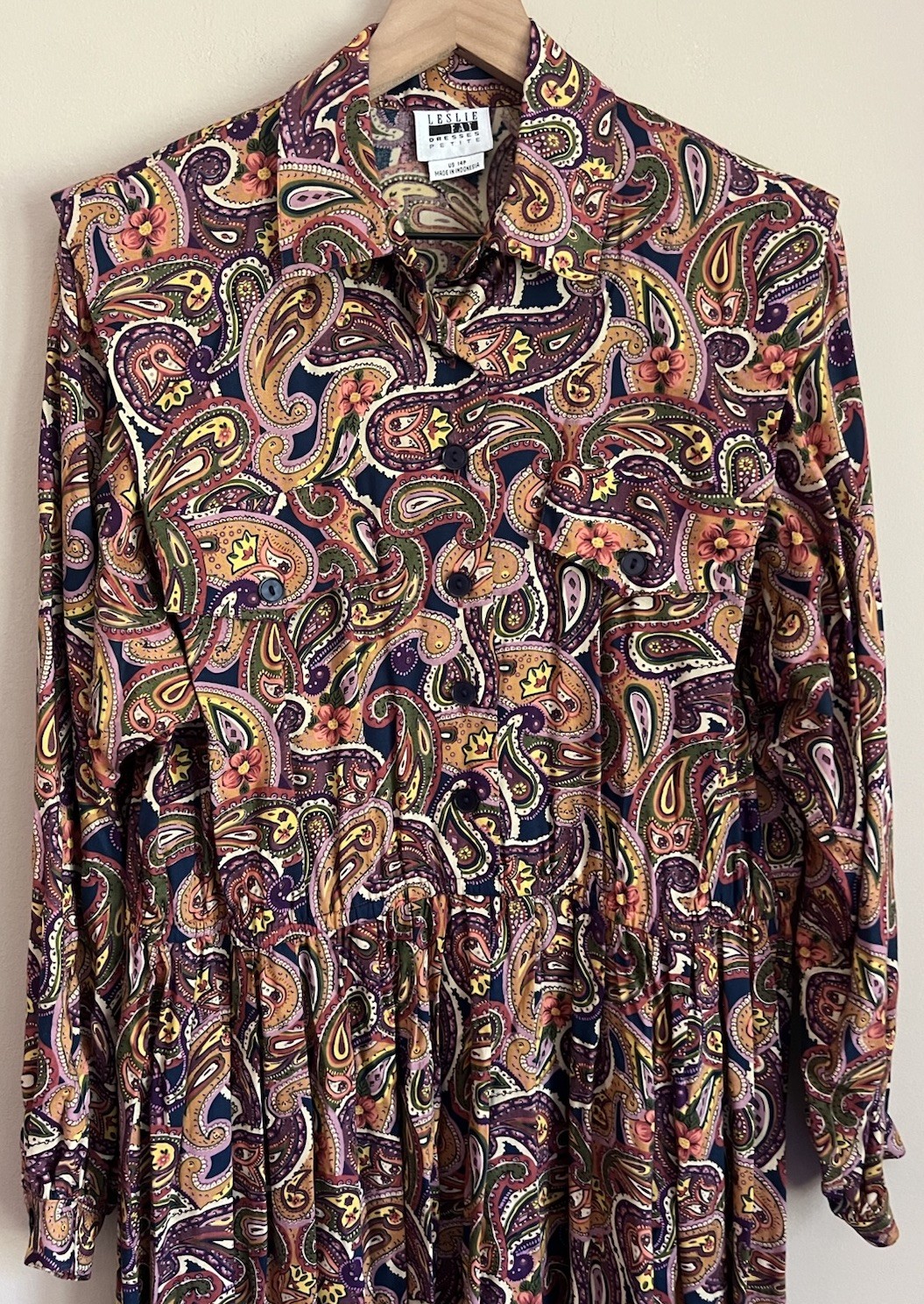 Leslie Fay Dress Vintage Shirt Paisley Print 14 14P Secretary Grandma 80s 90s
