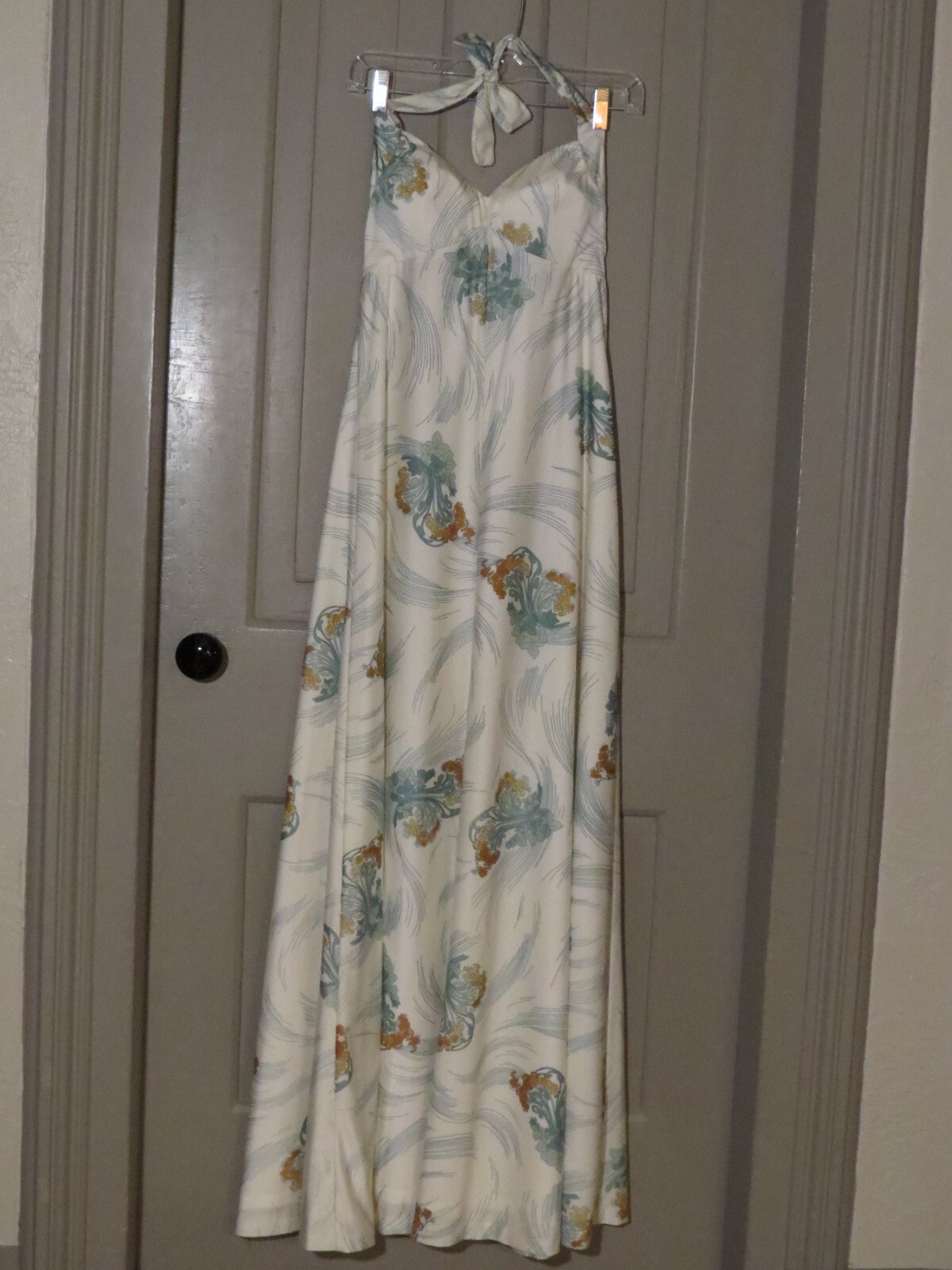 Vtg. 1950’s Polyester Lined Cream and Green Halter Top Maxi Evening Gown Lovely