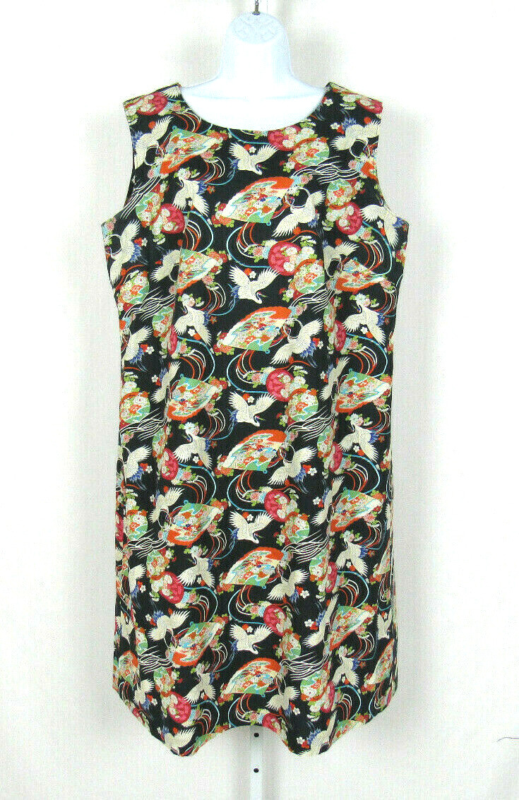 VTG 1960s 70s JAPANESE FLORAL DRESS FANS EGRETS SLEEVELESS ROPE BELT COTTON BLND