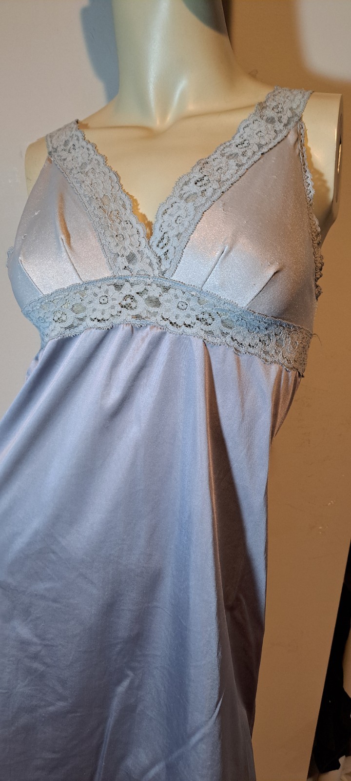 Stunning Silver Grey Vtg Full Slip Nightgown Stretch Lace Straps 34 Lingerie