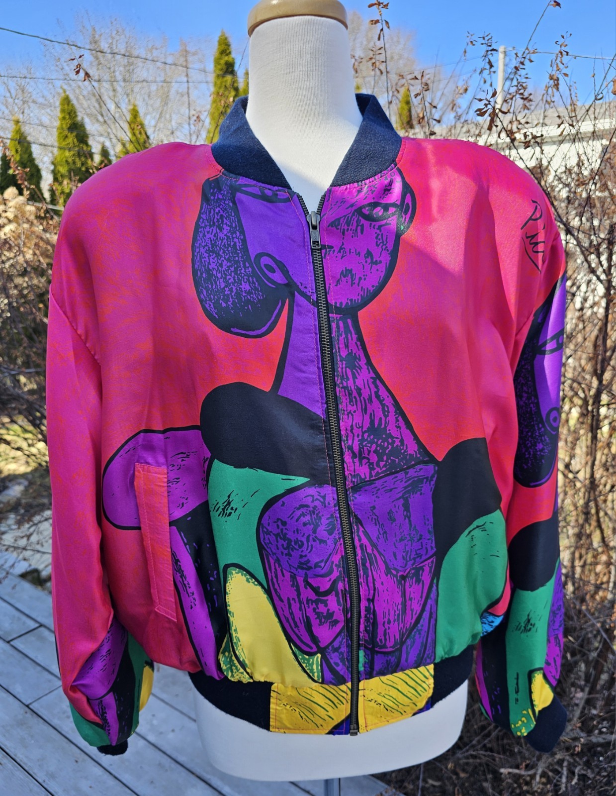 Vtg SHINY SATIN PICASSO ART BOMBER JACKET Sex Education POP ART GRAPHIC SZ L