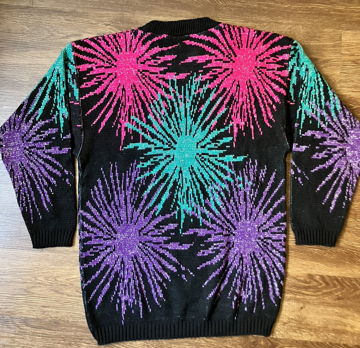 Vintage ’80s Nan Dorsey Oversized Fireworks Sweater Black Purple Silver M/L