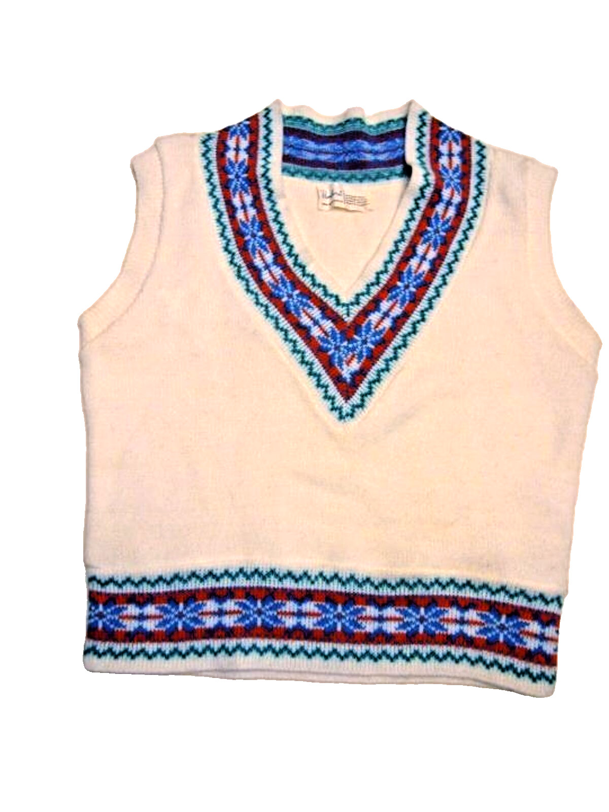 Vintage V-neck White Knit Sweater Vest Pullover Nordic Alpine Large