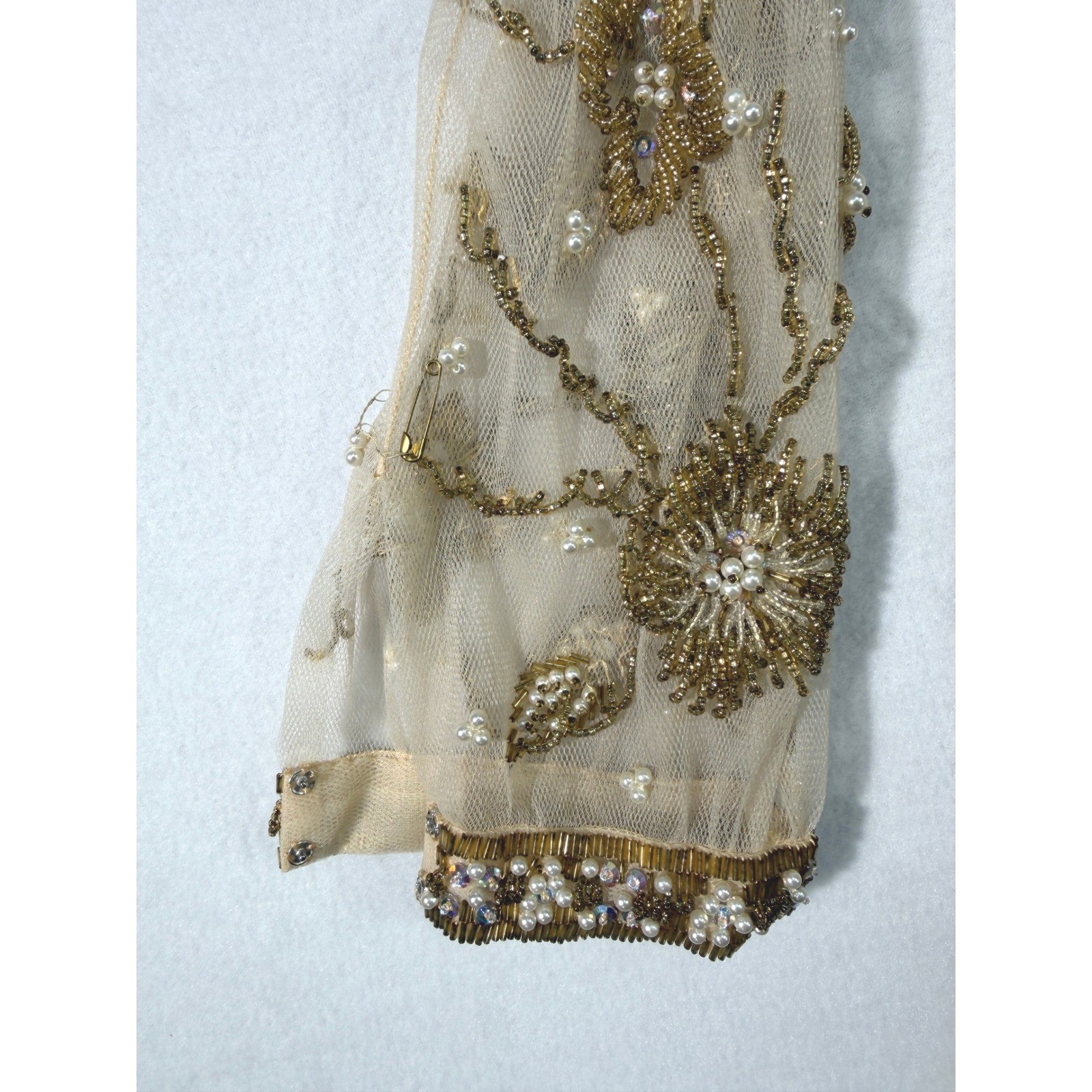 Handmade Vintage Palm Beach Gold Silk Beaded Dress 14 M / L Long Sleeve