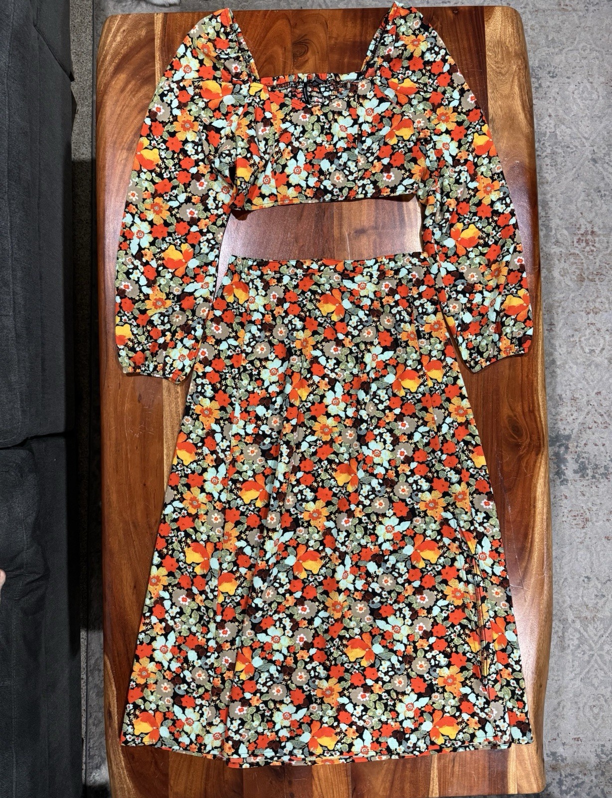 Vero Moda Floral Top & Skirt Set XS S Orange Black Beige Green White Polyester