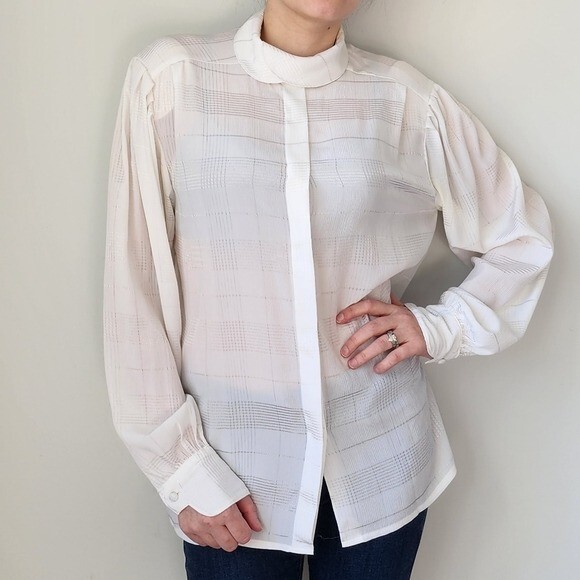 Vintage 80s Messages White Semi Sheer Check Pattern Puff Sleeve Blouse 12
