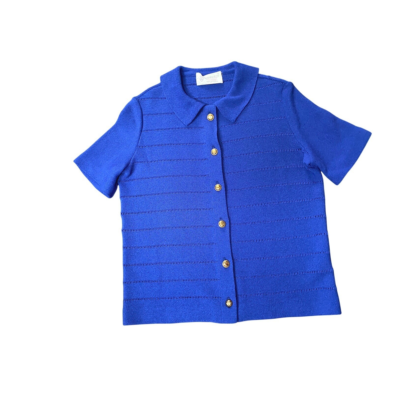 Vintage Kimberly Royal Blue Knit Button Front Top Pointelle 60s 70s Retro S M