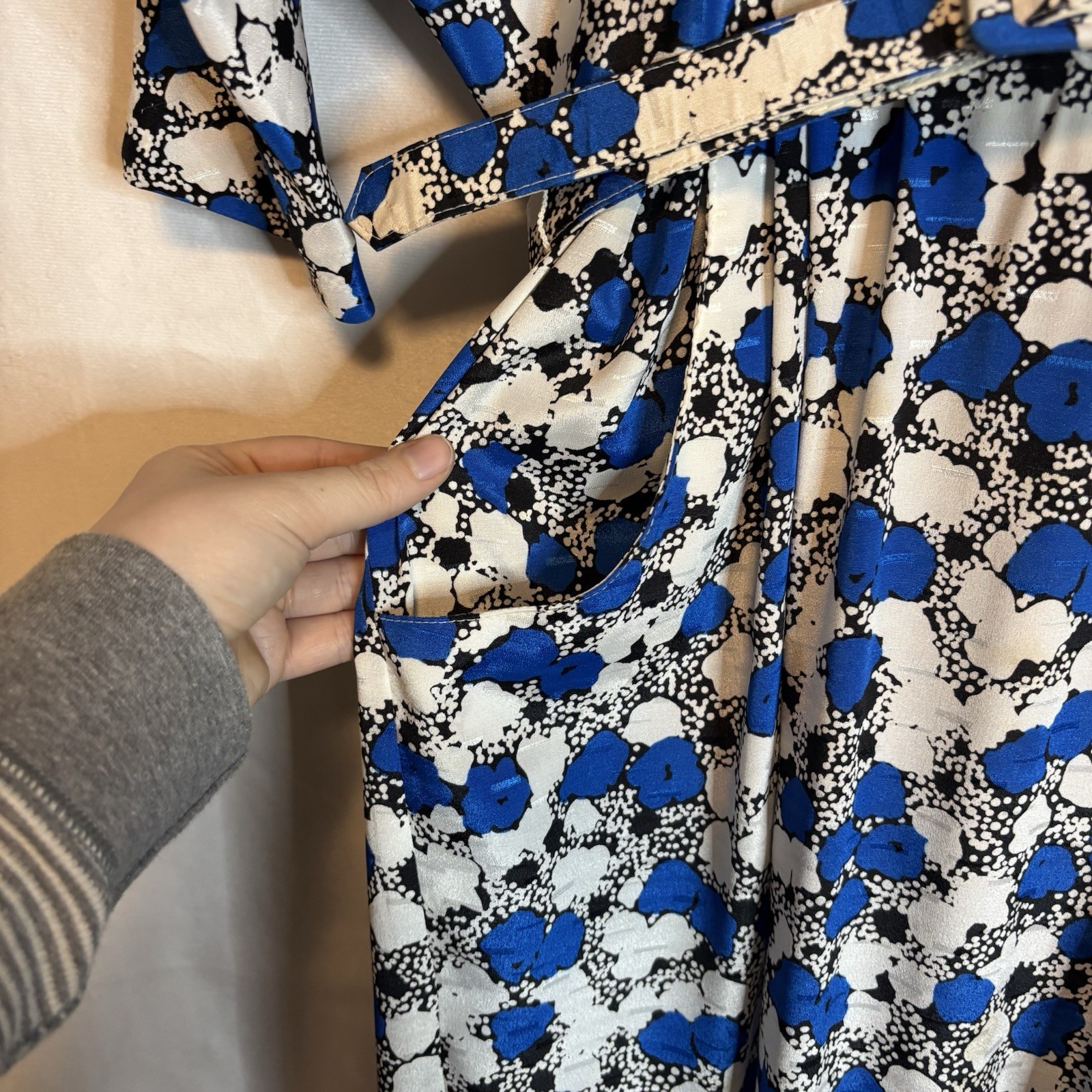True Vintage 80s Blue And White Printed Dress Nu-Mode Petites Size Small Belted