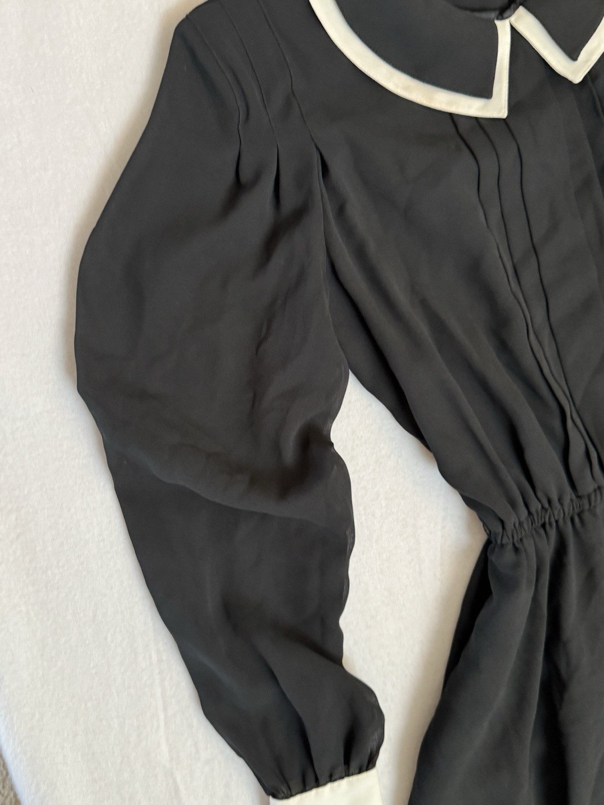 Vintage Pierre Cardin Boutique Black White Crepe Midi Dress Peter Pan Collar 8