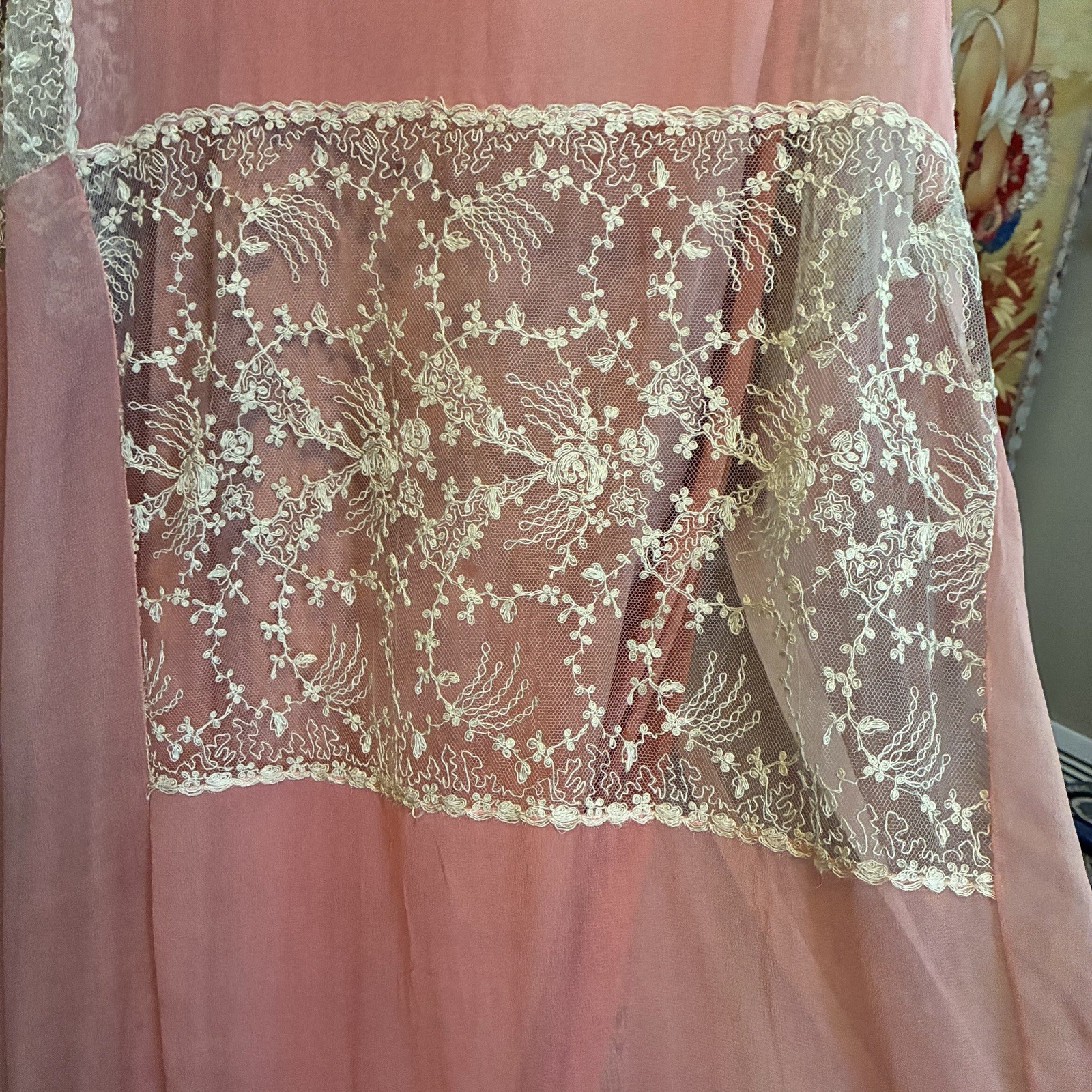 Antique 1920S Pink Silk Chiffon Kafton Brussels Tambour Cabbage Roses Lace