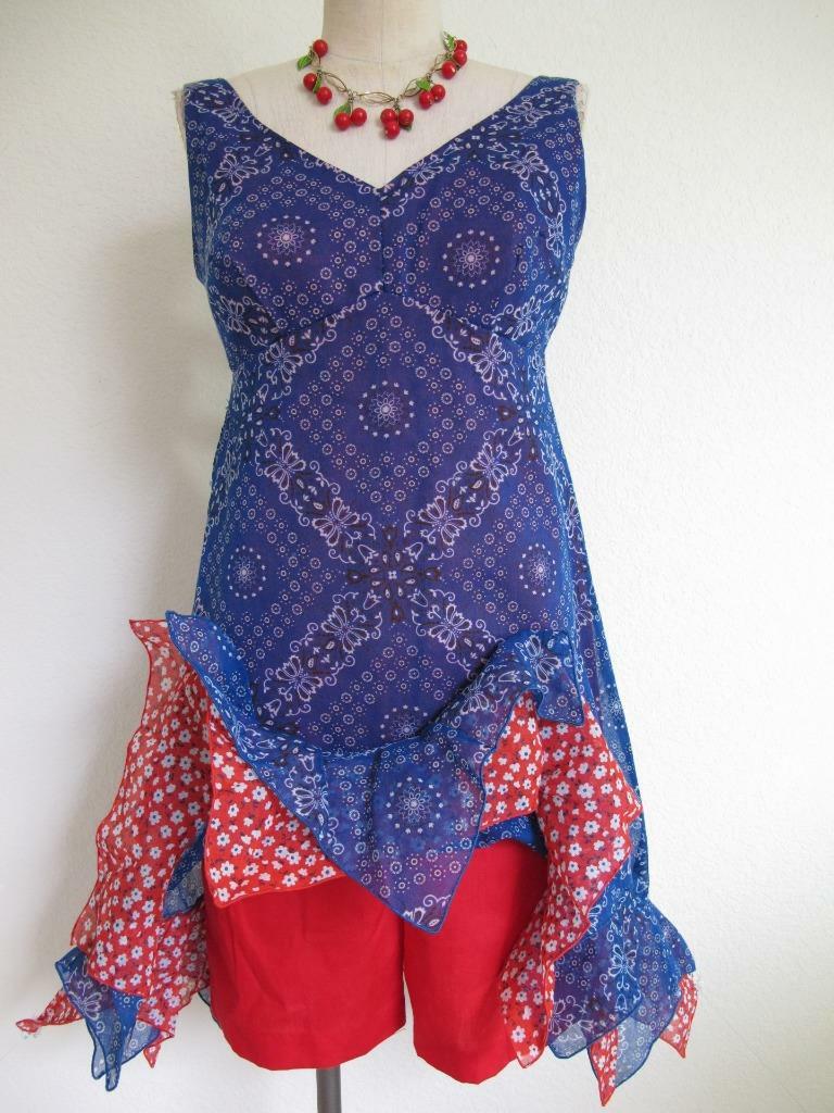 Vintage 70s Scooter Mini Skort Bra Dress S Bandana Print Red Wht Blue Hanky Hem
