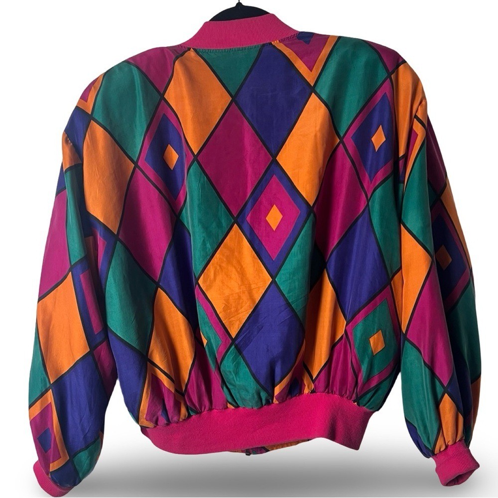 VTG 80s Carol Horn Silk Geometric Colorblock Bomber Jacket Pink Multi Sz M