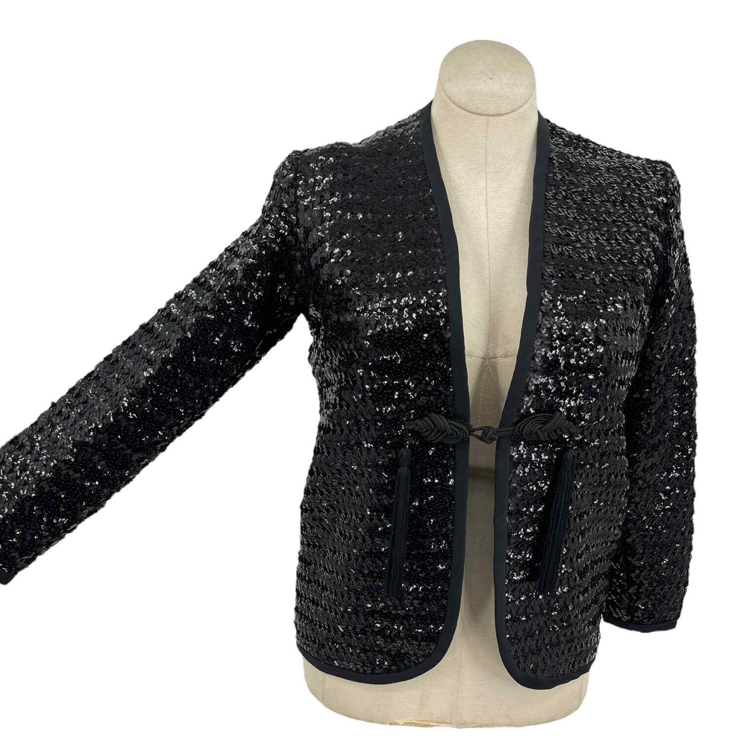 Vintage 70s Black Sequin Jacket Tassel Detail Super Glam Henry Higgins Size M L