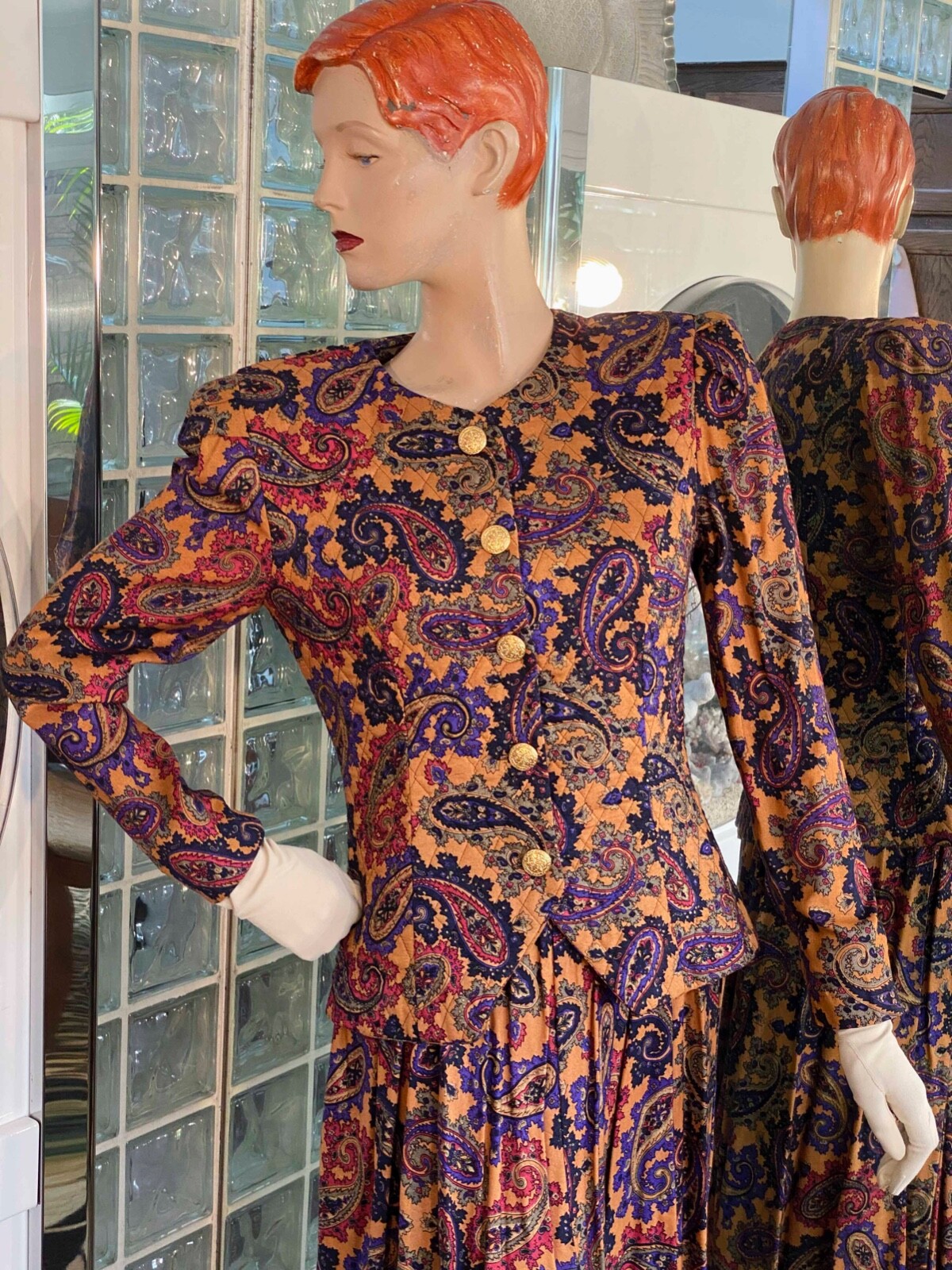 VTG 90s Jeffrey & Dara Suit Dress S Autumn Paisley 2pc Pleat Skirt Secretary