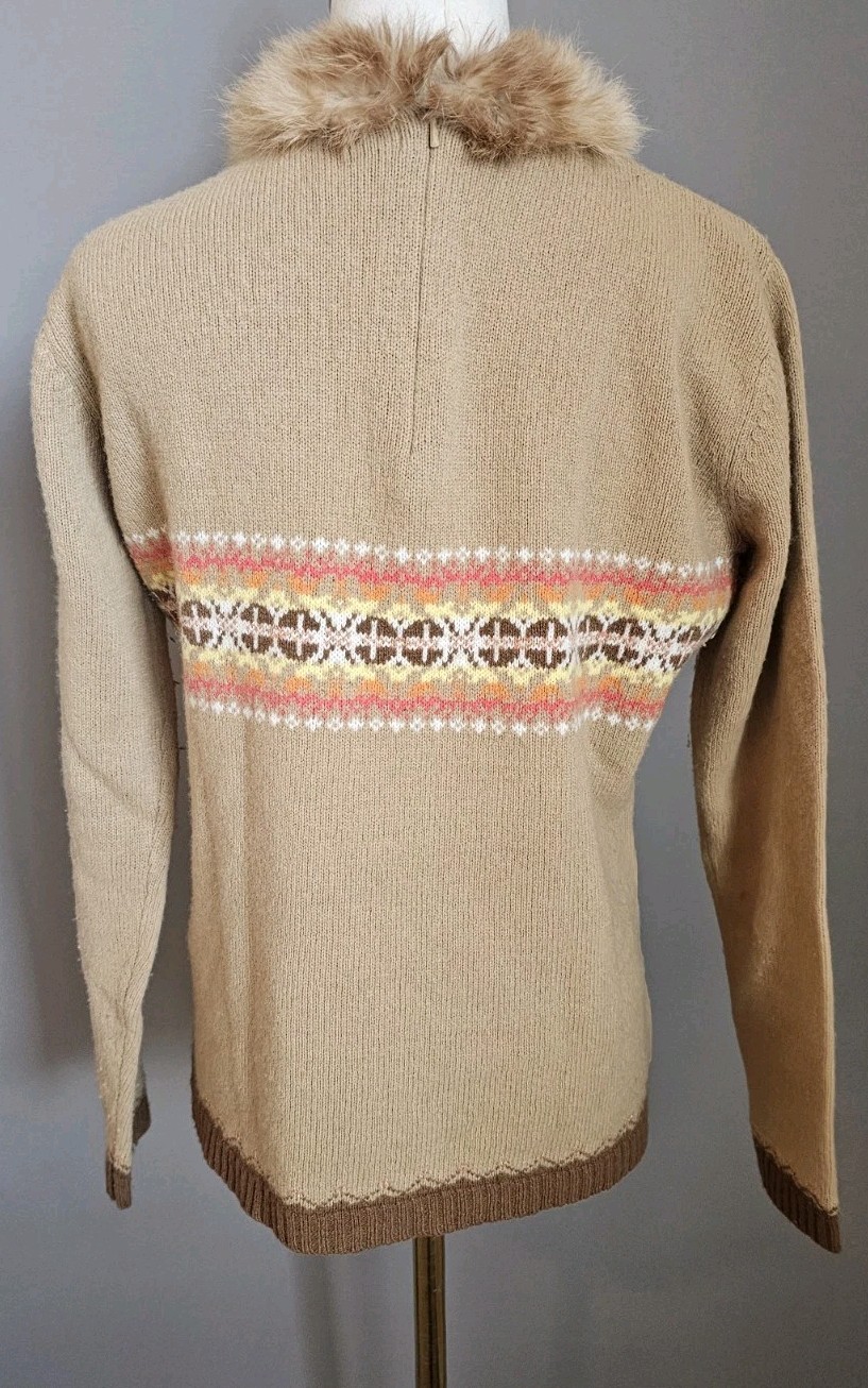 Vintage Casual Corner Lambswool Cashmere Sweater Real Fur Collar M Y2K Fair Isle