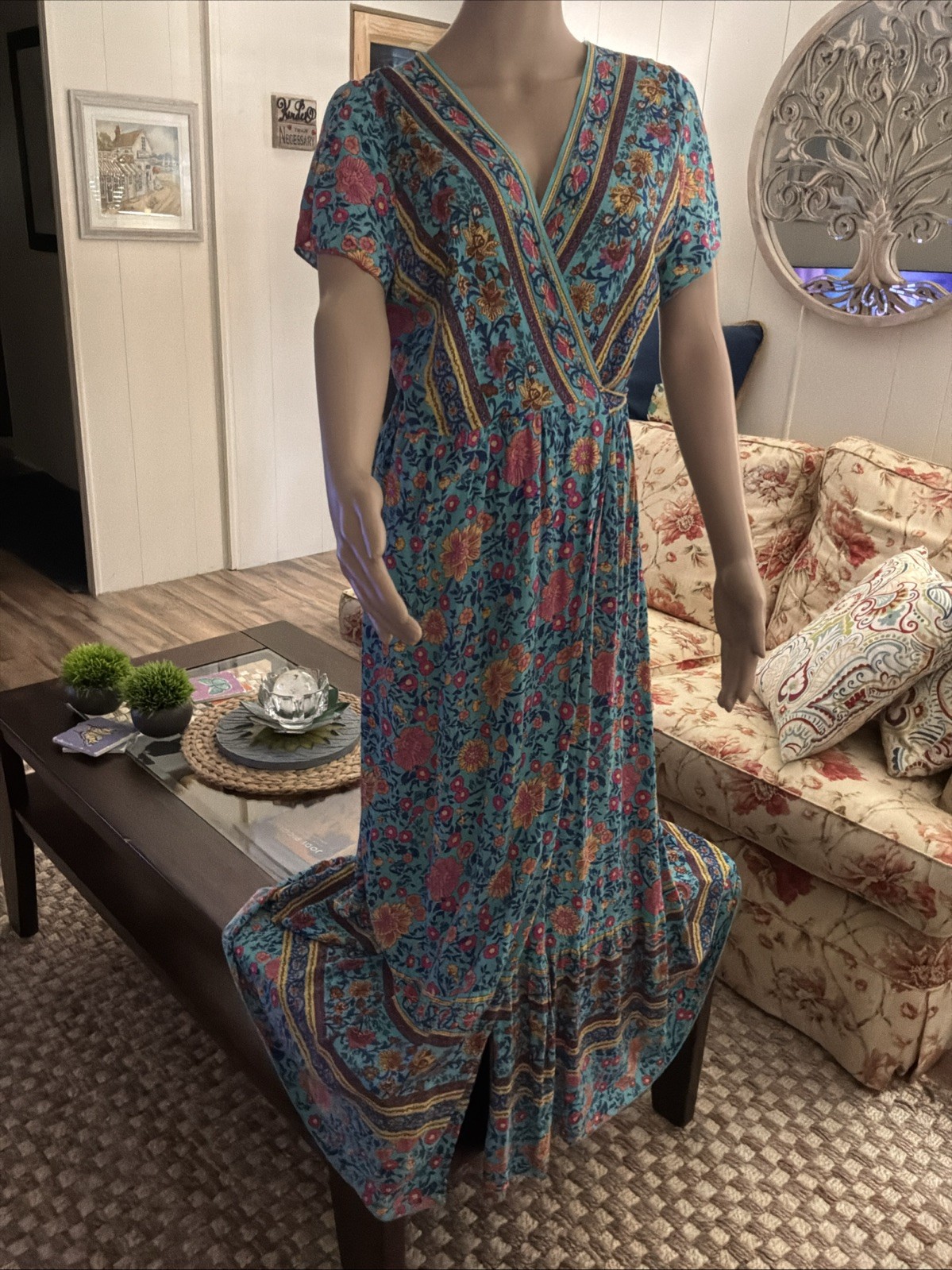 VINTAGE Hippie Women’s Wrap Dress Floral V-Neck Tiered Hemline Boho Size XXL