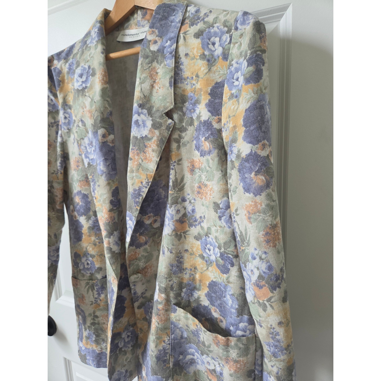 Vintage Cottagecore Floral Linen Blend Blazer Jacket Blue Size 12P Boho