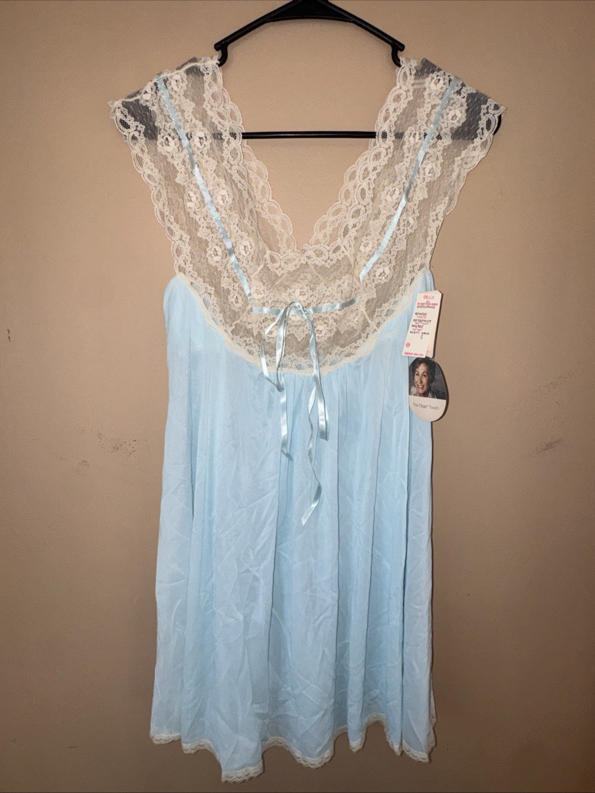 Vintage Olga “First Lady” Baby Doll Nightgown Misty Aqua Blue Lace Small NWT