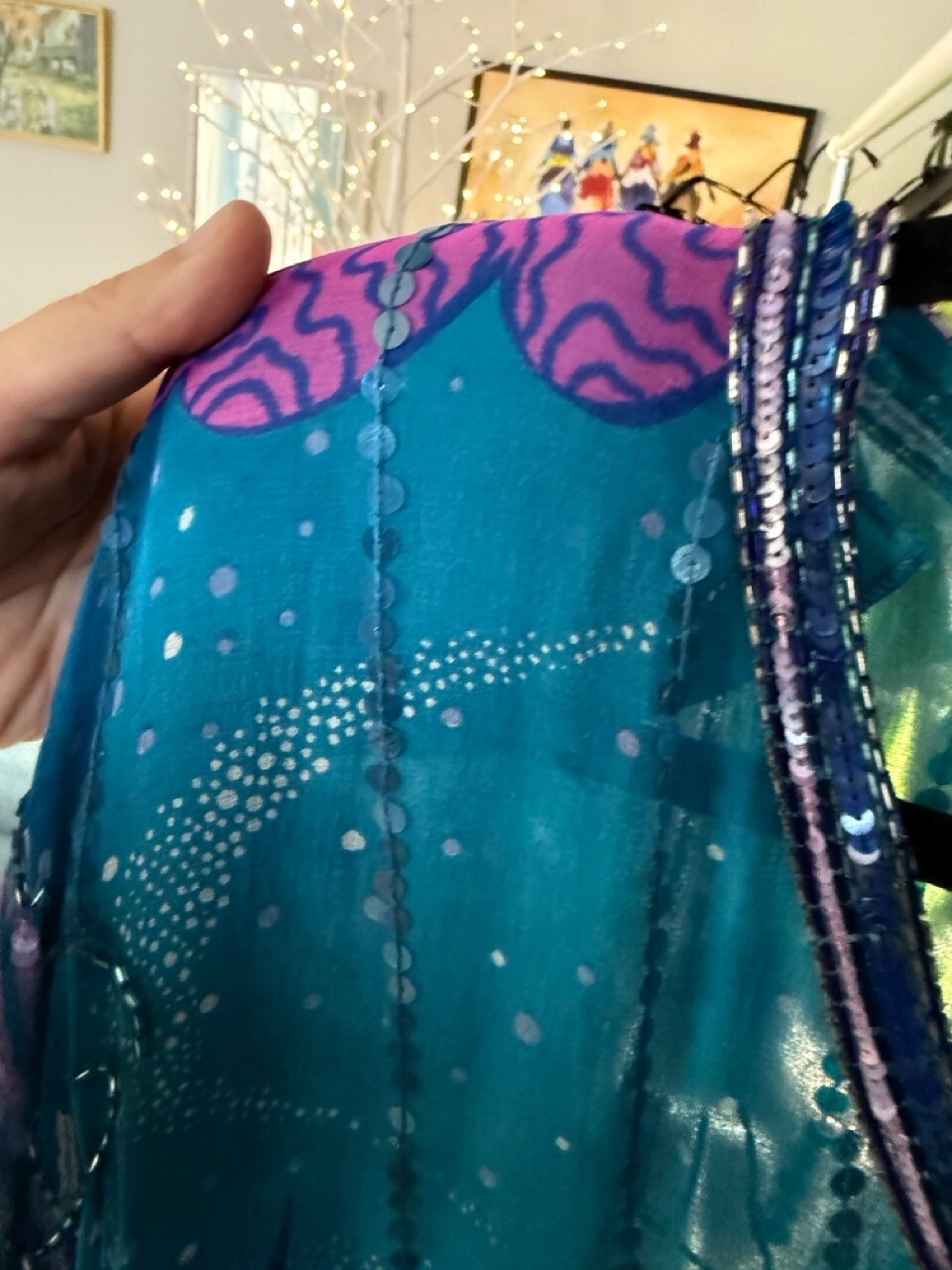 Electric blue and purple vintage silk top, beaded, sequin