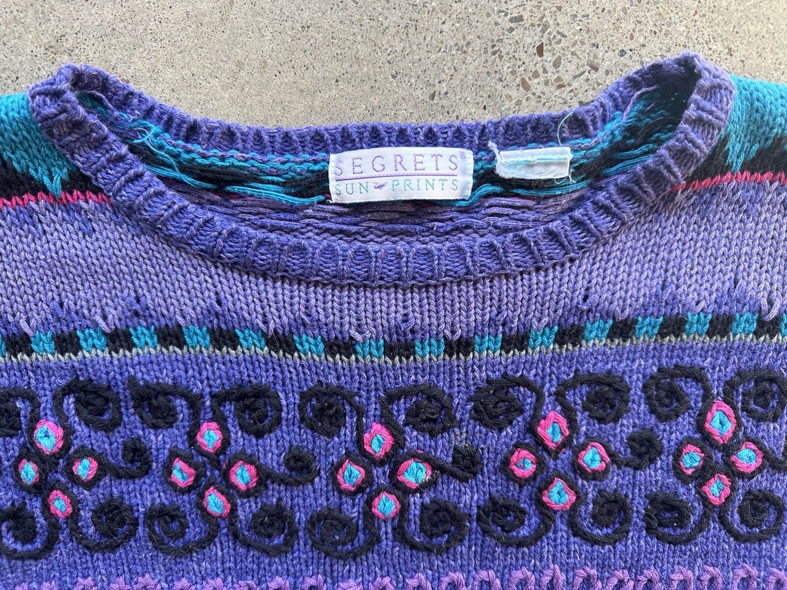 Vintage 1992 Segrets Sun Prints Purple Multicolor Embroidered Sweater Size L