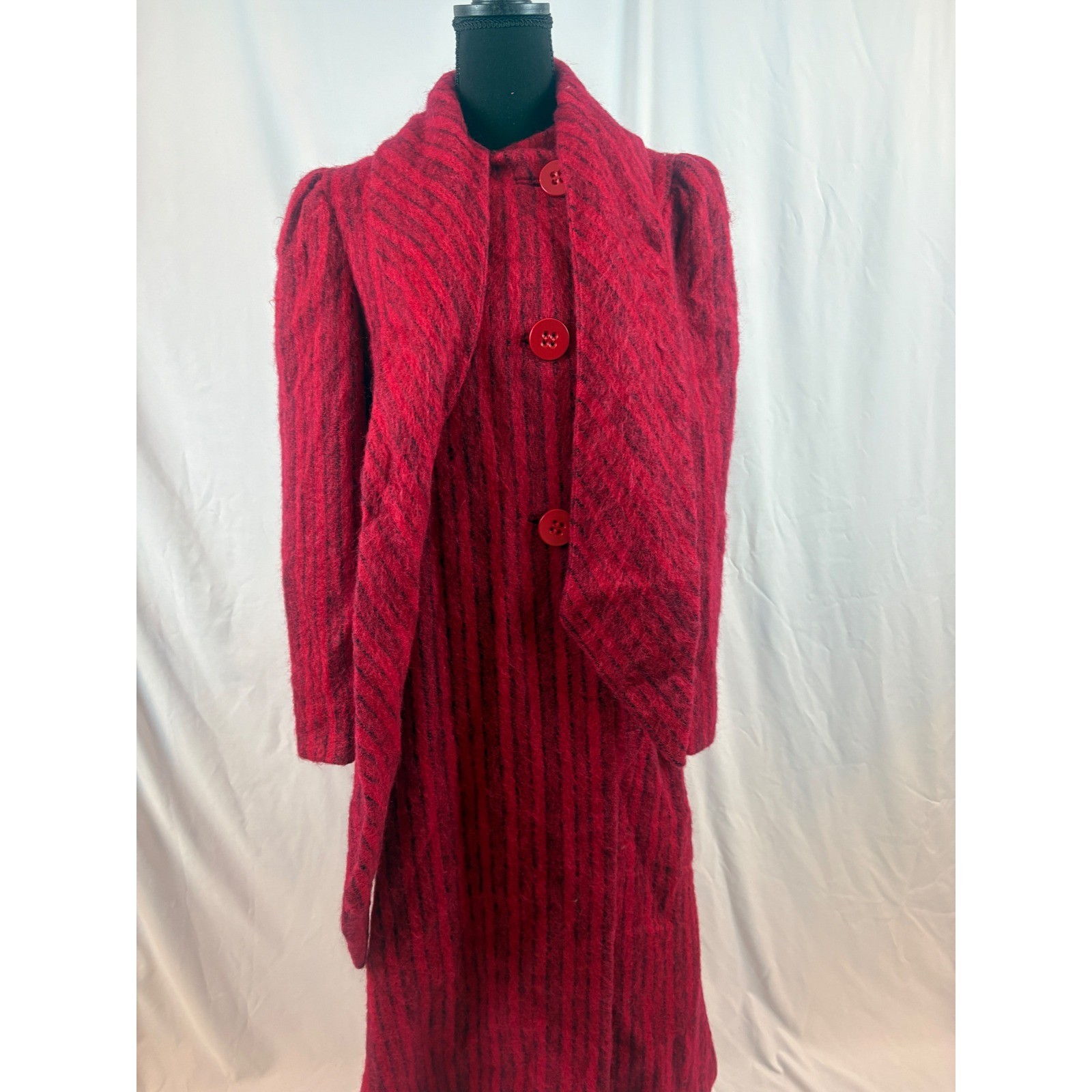 Vintage Pauline Trigere Red Black Stripe Mohair Wool Maxi Coat Scarf Collar 10