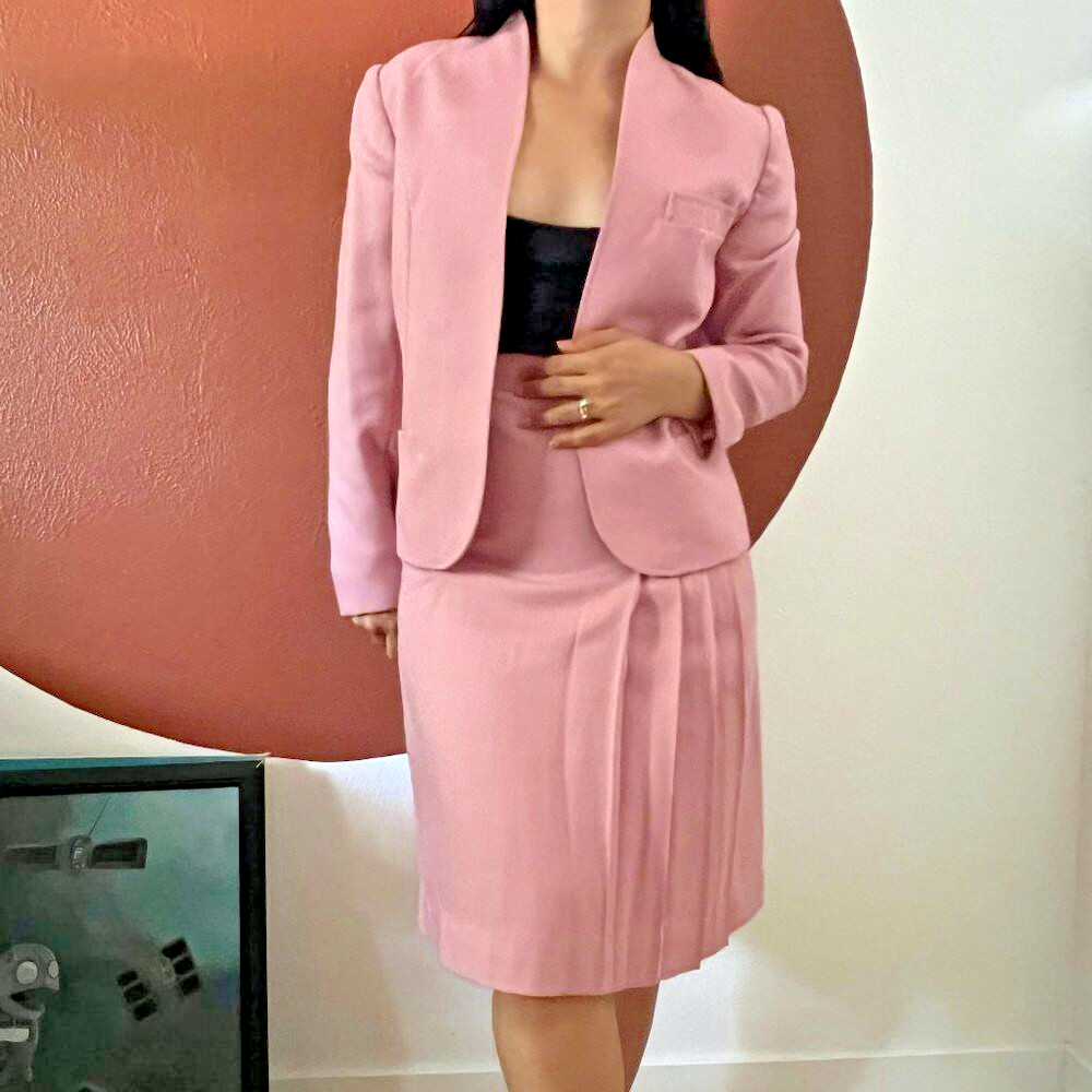 Vintage 1970s Pink Skirt Suit Pleated Blazer Set Small Wool Blend