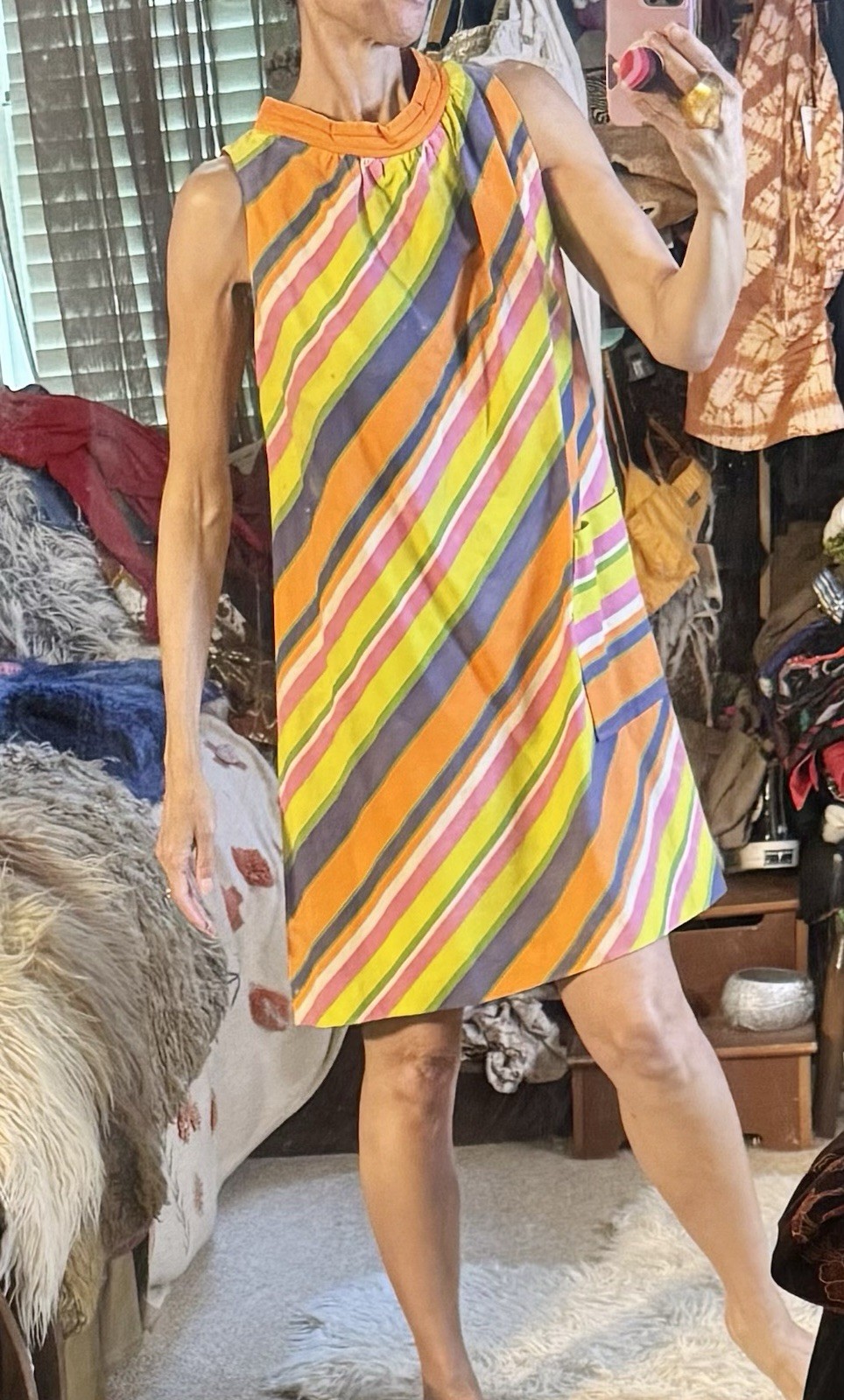 Vtg Stripe Tent A Line 60s Dress Quilted Collar Pocket Cotton XS S