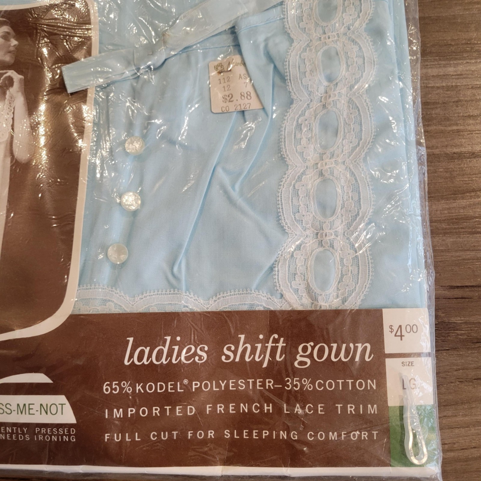 Vintage 1960s Myrna French Lace Trim Shift Nightgown Blue Size L NEW Old Stock