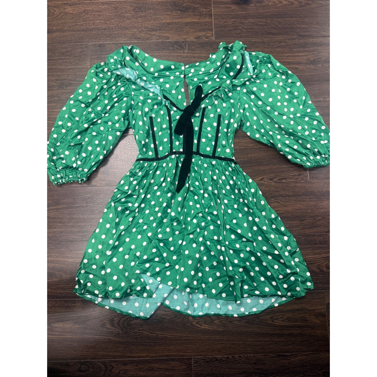 NWT For Love & Lemons Green Polka Dot Velvet Corset Trim Mini Dress – Size S