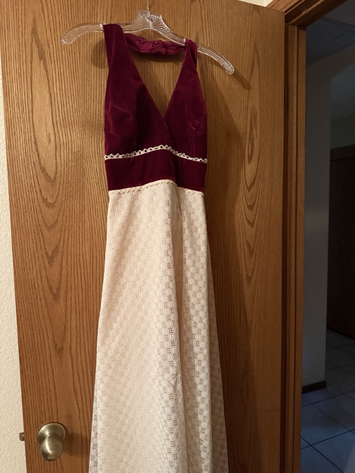 Vintage 1960’s 1970’s Candi Jones Halter Dress Burgundy And Lace Sz 11 Full Leng
