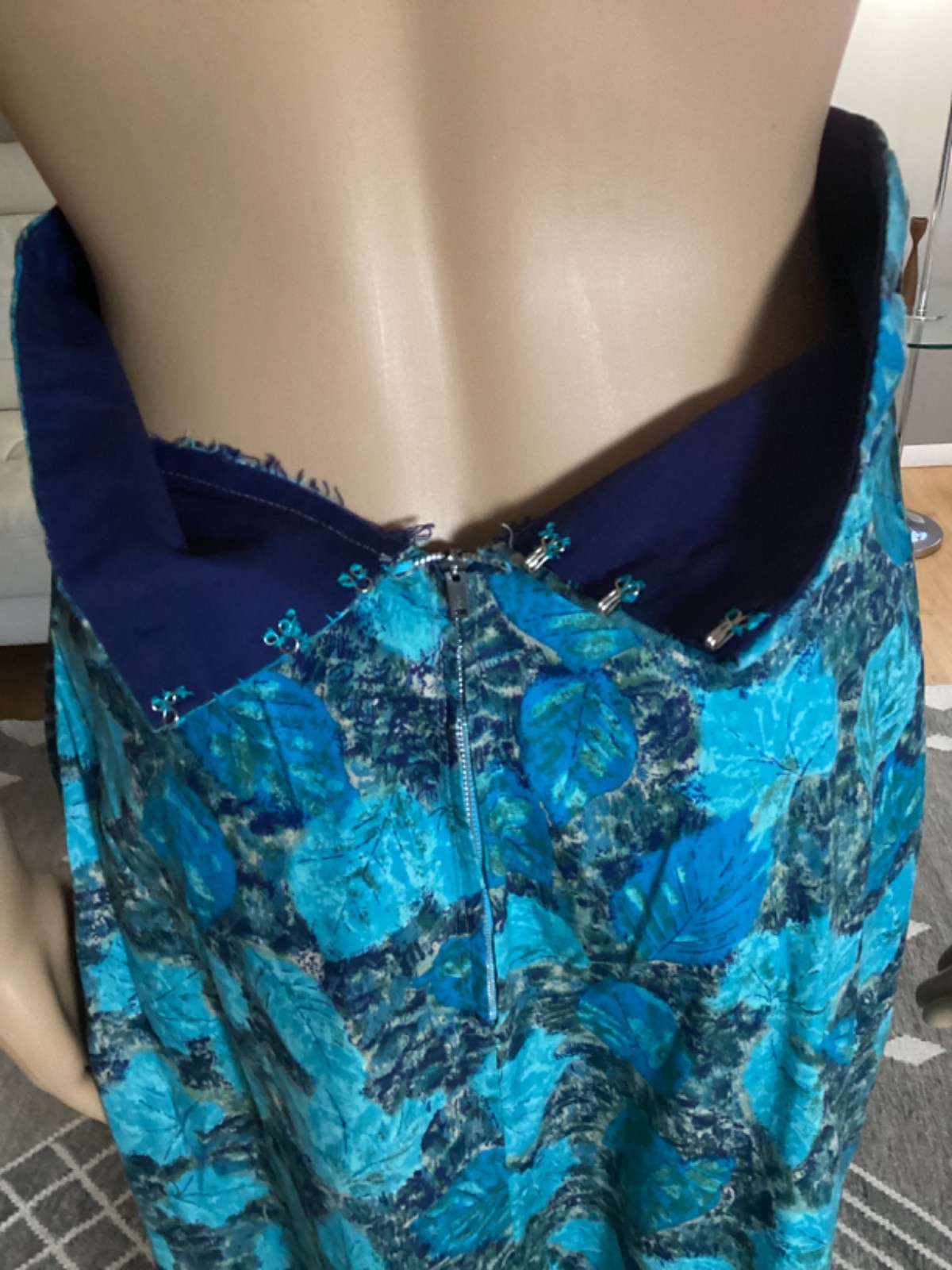Vintage 50s 60s Turquoise Blue Leaf Pattern Cotton Long Maxi Skirt
