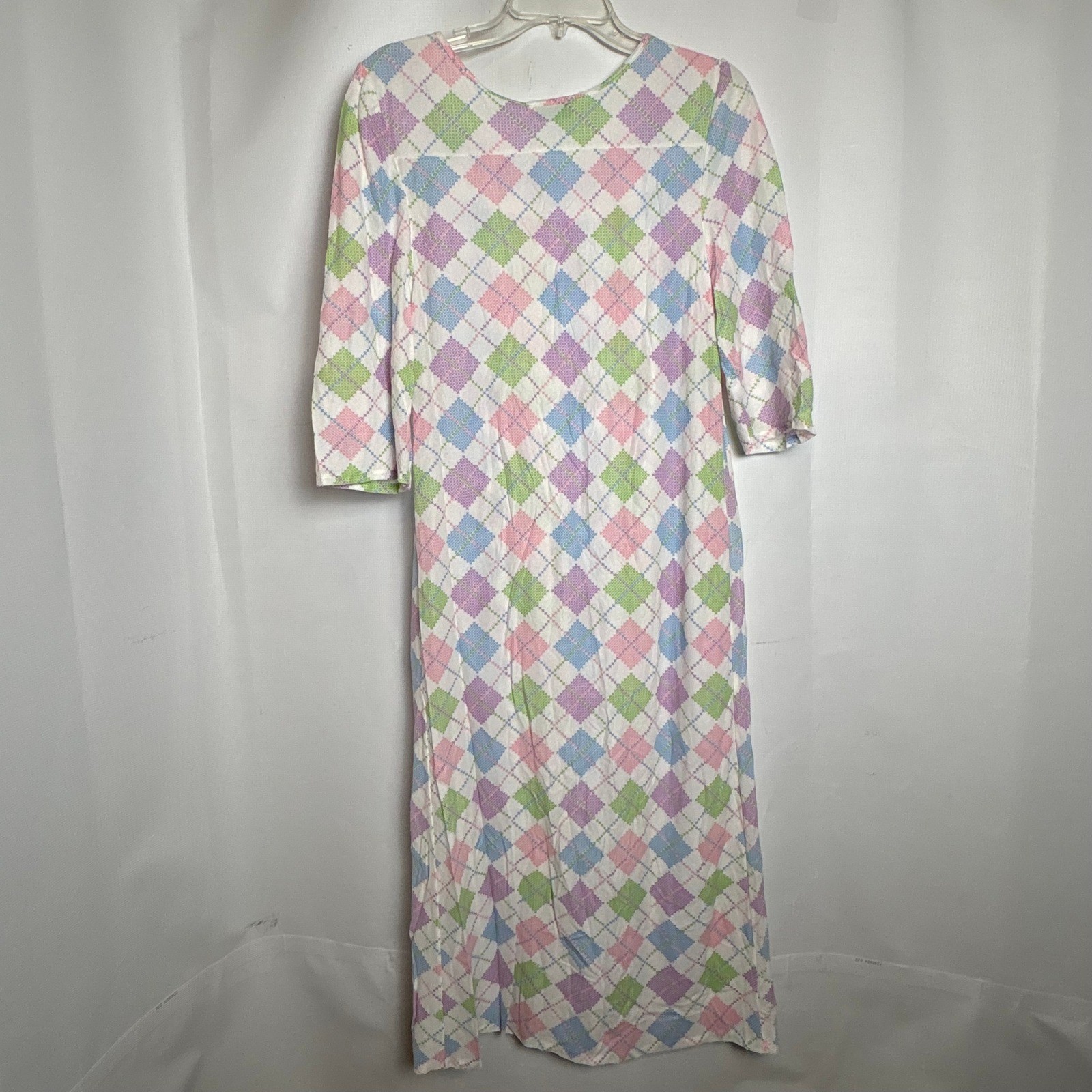 Vintage Spotlight Argyle Nightgown Large Pastel Pink Blue Green Maxi Made in USA