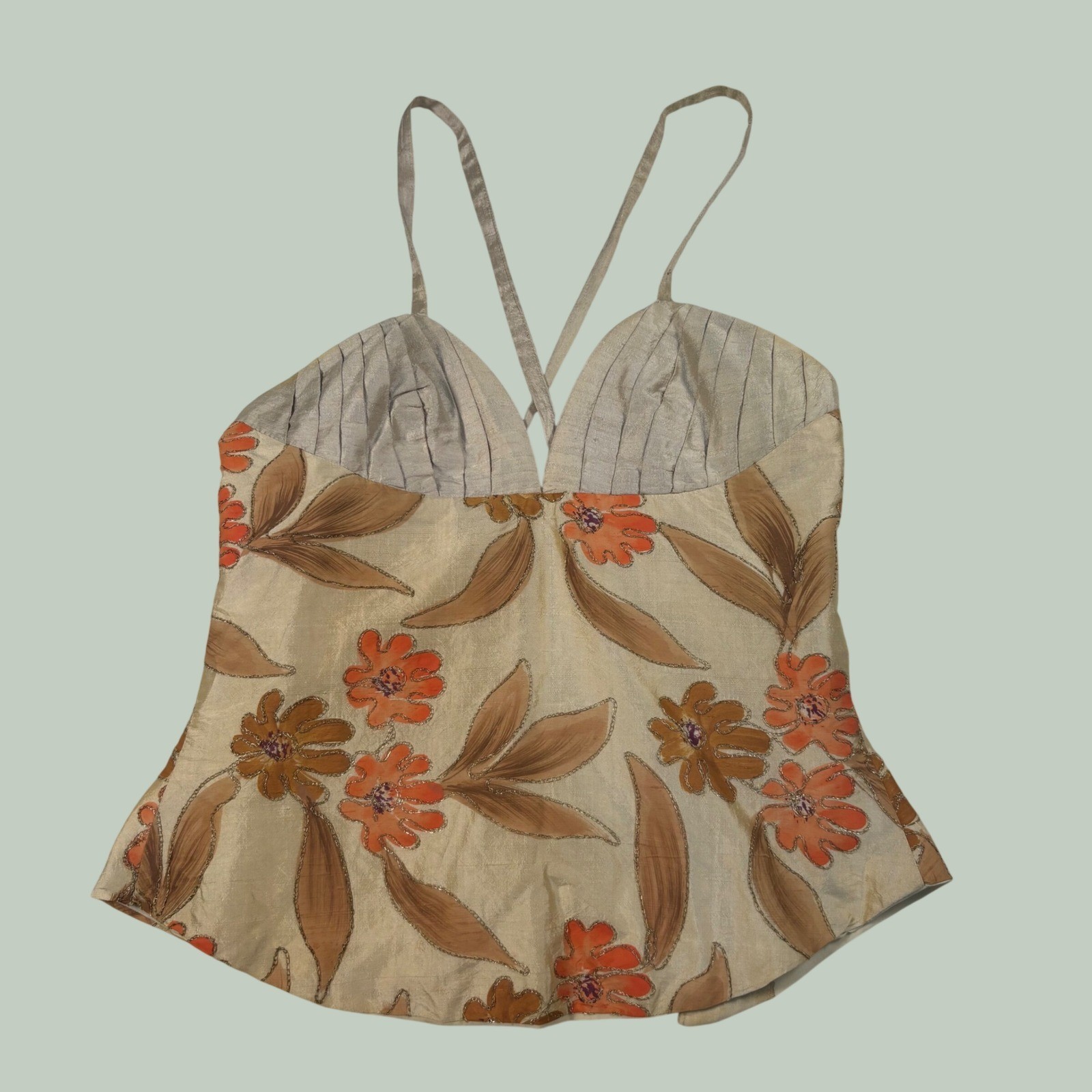 VTG Y2K floral beige orange top glitter lace up 00s fairy renaissance coquette