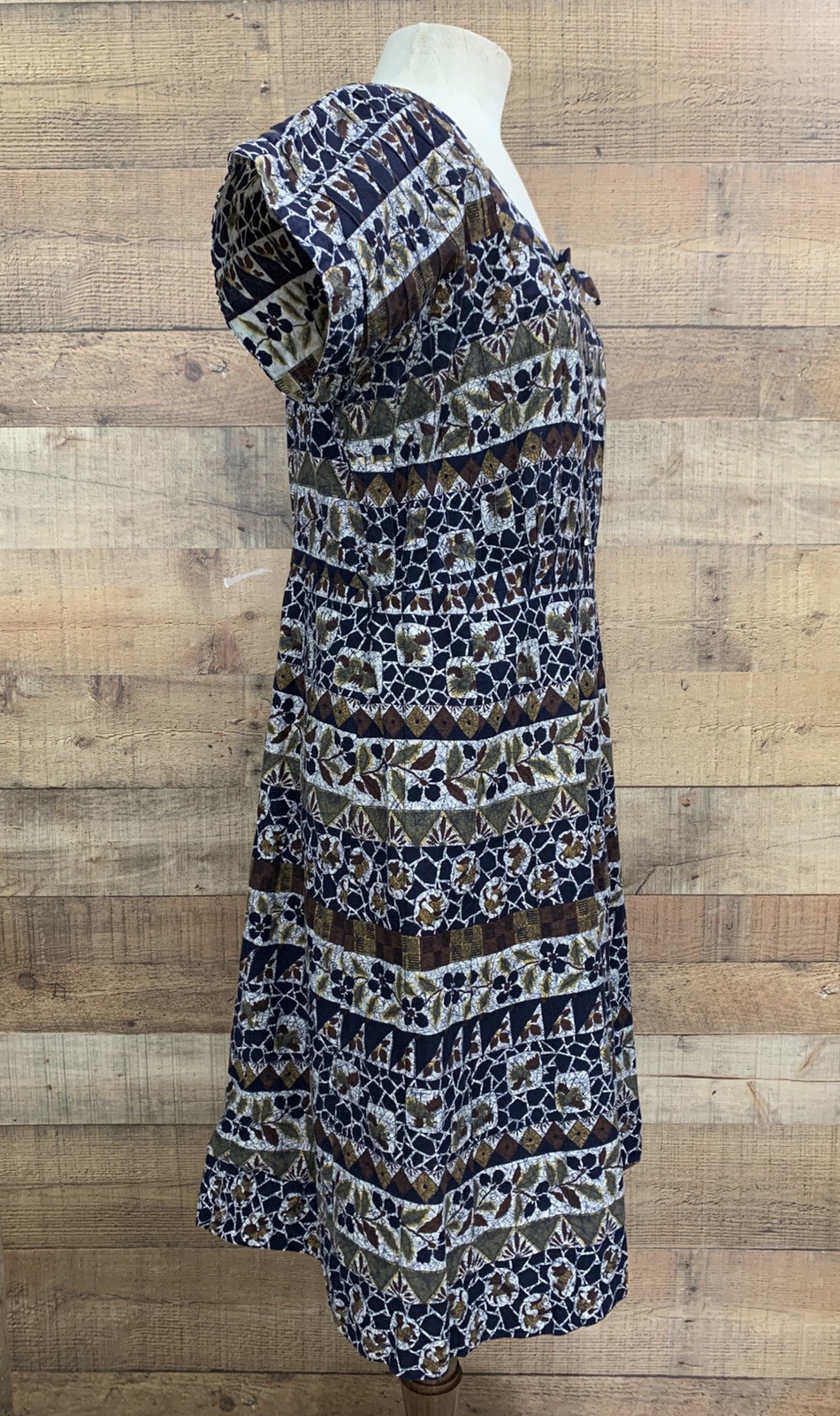 Vintage early 1950’s Batik Cotton Side Metal Zipper Belted Dress Bust 42”/35” W