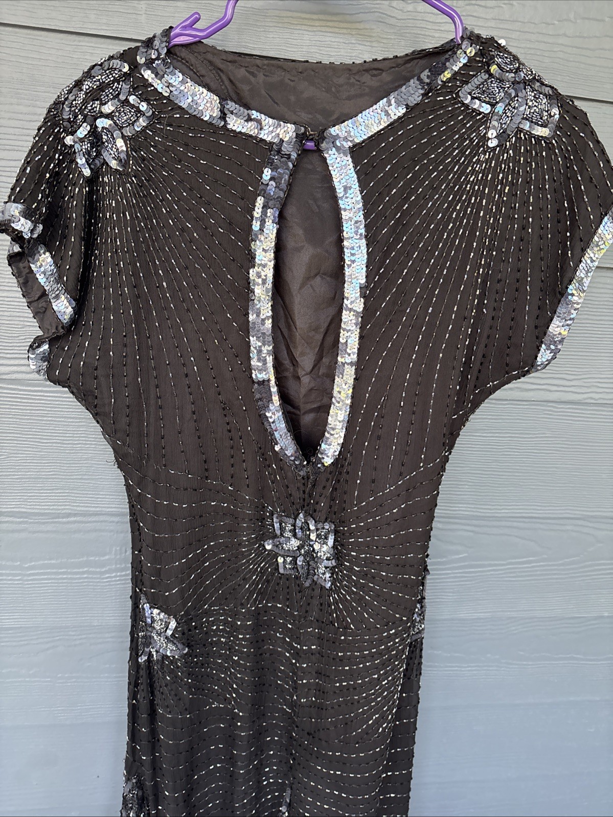 Vintage John Charles London Evening Gown Dress, Black Beaded Sequins, Size US-6