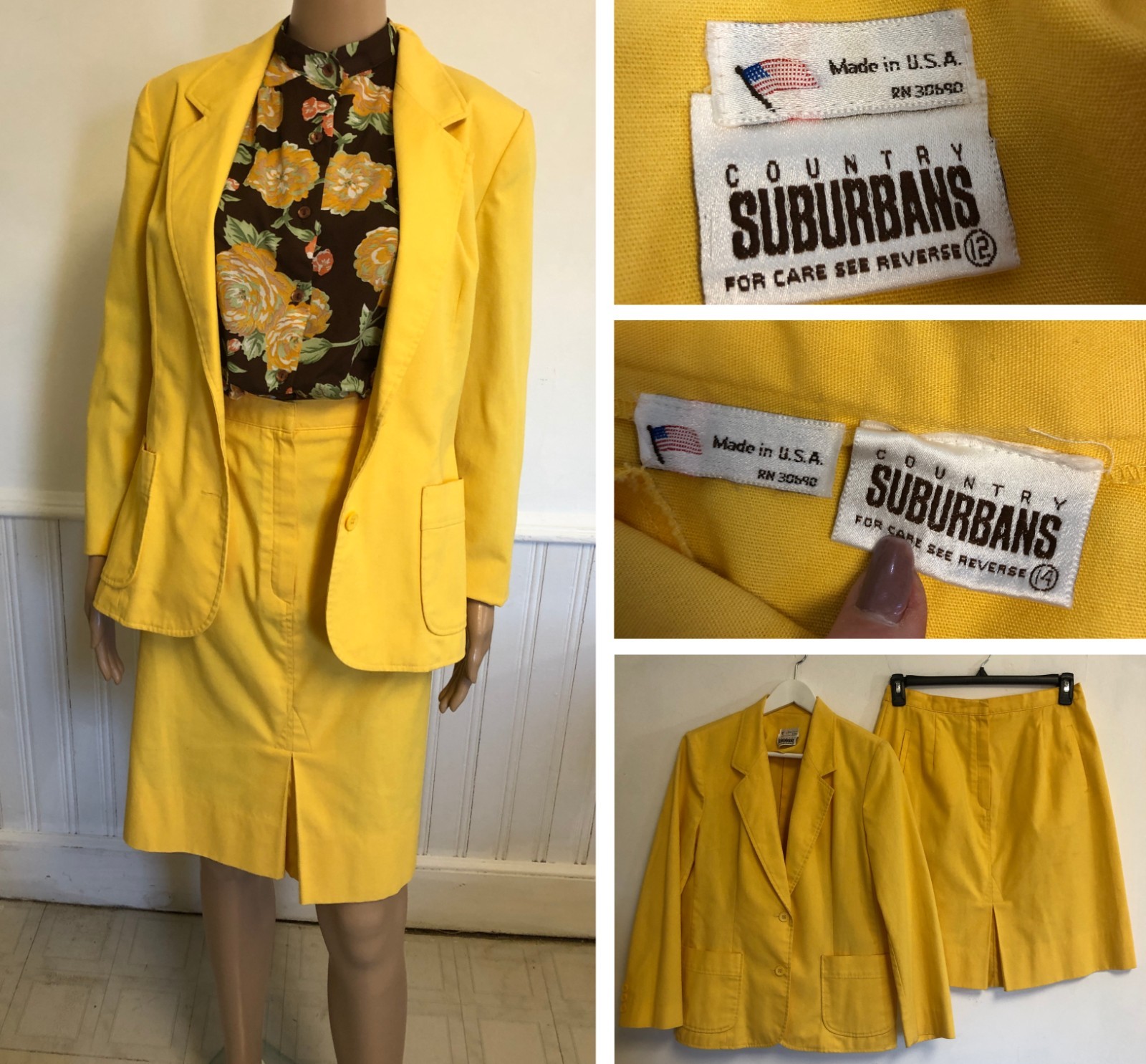 vtg 1970s Country Suburbans 2 pc Skirt Suit 12/14 Yellow Twill Kick Pleats USA