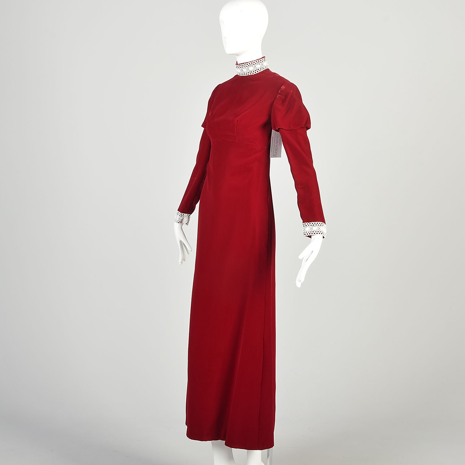 XS 1970s Red Velvet Dress Long Juliet Sleeve Empire Waist Lace Trim Formal Maxi