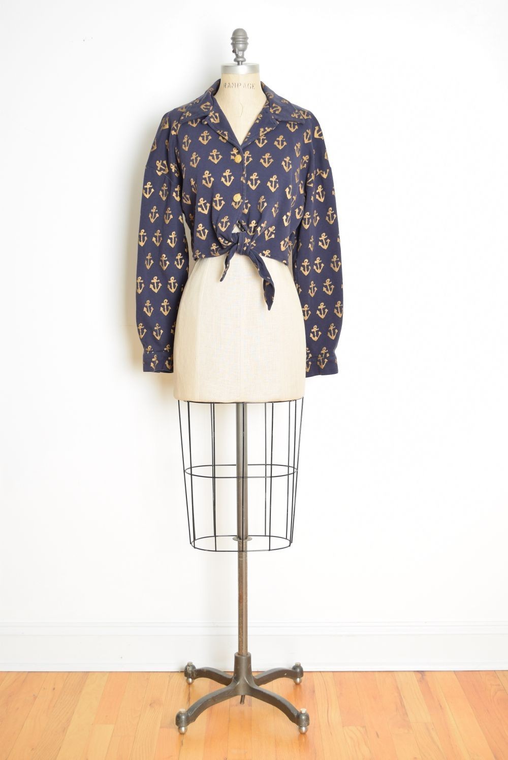 vintage 80s jacket top navy metallic gold anchor print nautical sailor L XL