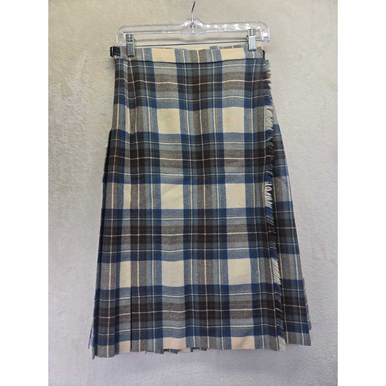Vintage Pure New Wool Plaid Vest and Kilt Skirt Set Blue Brown Academic Size 12