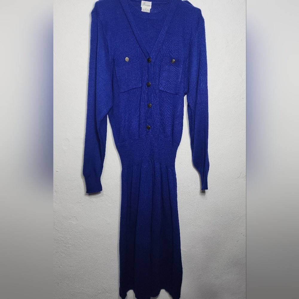 Vintage Darian Cobalt Blue Knit Dress Gold Button Detail