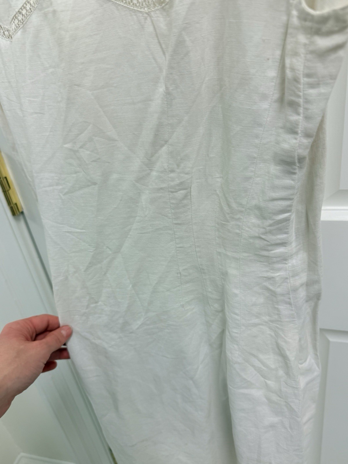 1920’s Antique Hand Embroidered Linen Chevron Lace Cottagecore Cream Lawn Dress