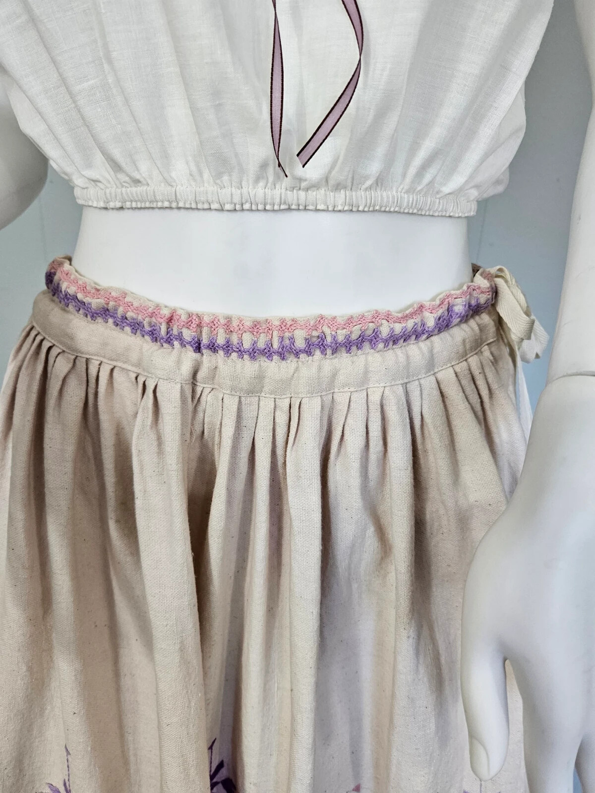 Vintage1970’s Taraliya Homespun Ivory Cotton Lavender Embroidered Mirrored Skirt