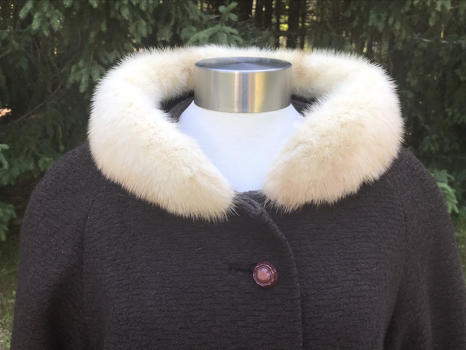 1950s John Wanamaker Brown Wool White Fox Fur Coat Swing Coat