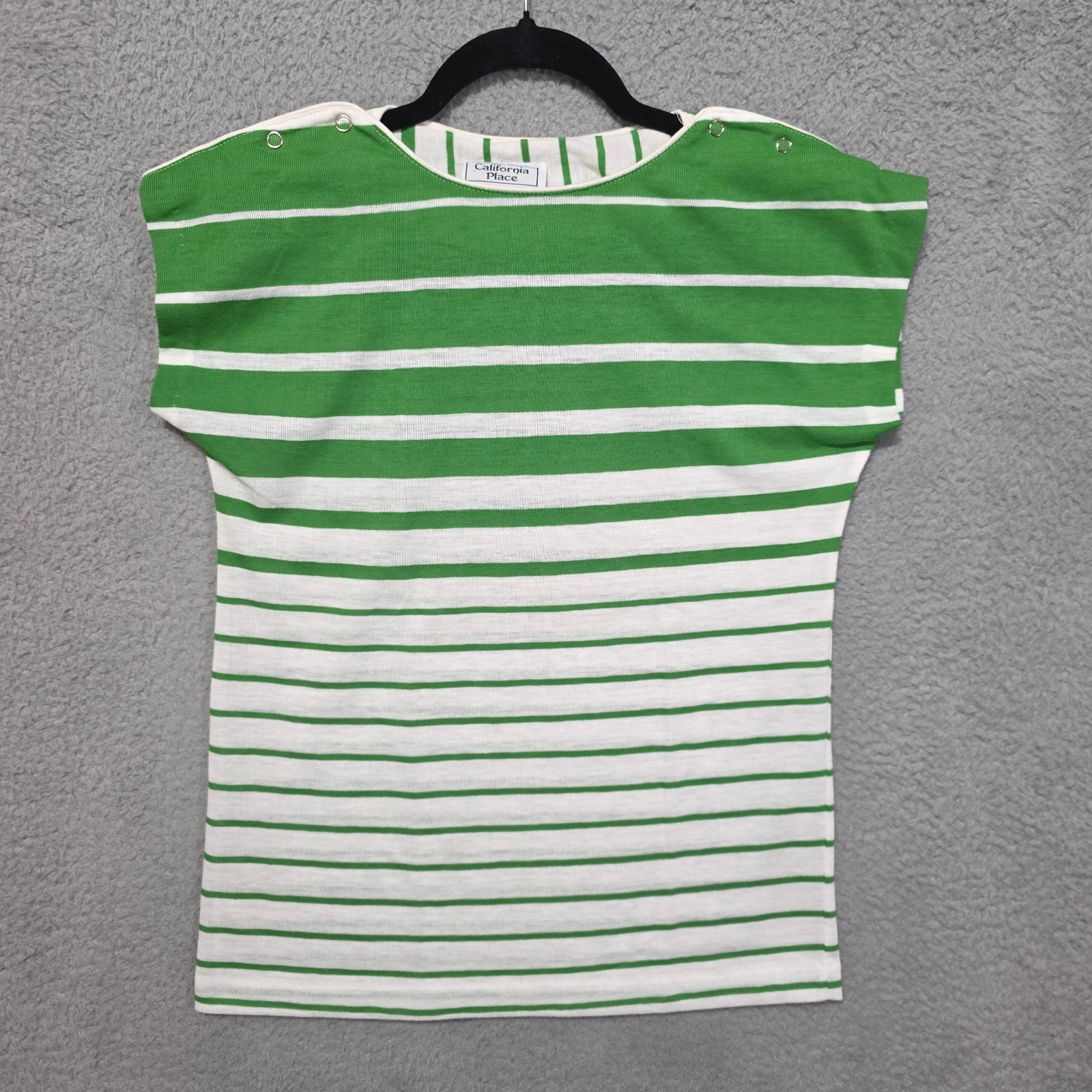 Vtg California Place Green Striped 80s Retro Snap Shoulder Boatneck Top Small?